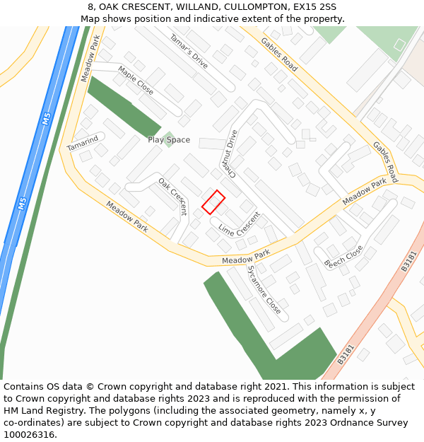 8, OAK CRESCENT, WILLAND, CULLOMPTON, EX15 2SS: Location map and indicative extent of plot