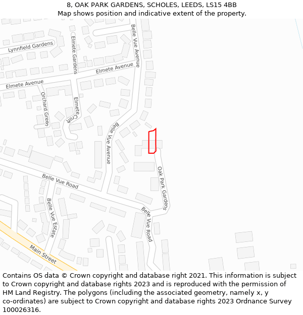 8, OAK PARK GARDENS, SCHOLES, LEEDS, LS15 4BB: Location map and indicative extent of plot