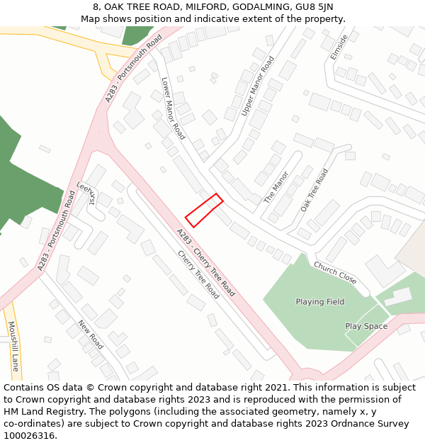 8, OAK TREE ROAD, MILFORD, GODALMING, GU8 5JN: Location map and indicative extent of plot