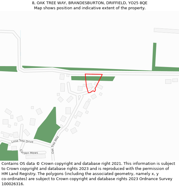 8, OAK TREE WAY, BRANDESBURTON, DRIFFIELD, YO25 8QE: Location map and indicative extent of plot