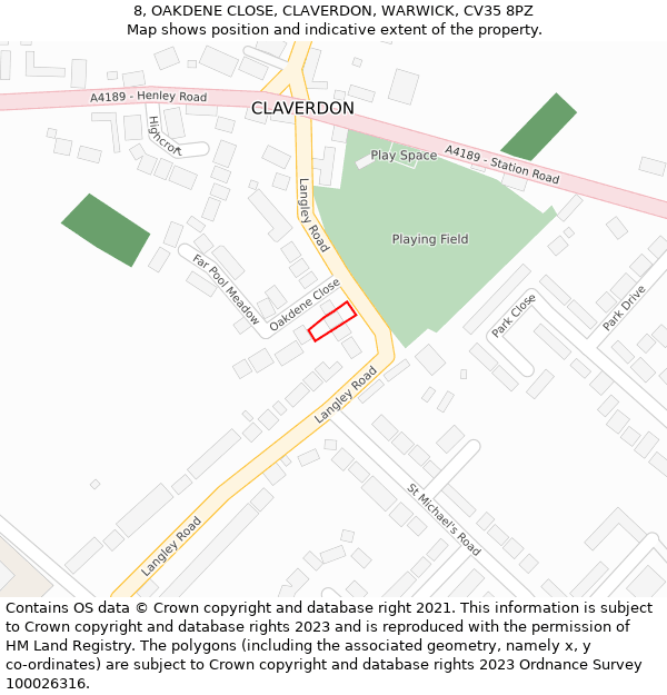 8, OAKDENE CLOSE, CLAVERDON, WARWICK, CV35 8PZ: Location map and indicative extent of plot