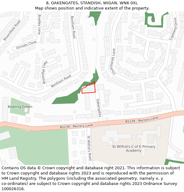 8, OAKENGATES, STANDISH, WIGAN, WN6 0XL: Location map and indicative extent of plot