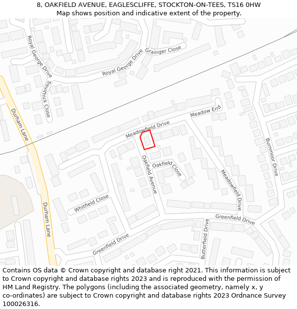 8, OAKFIELD AVENUE, EAGLESCLIFFE, STOCKTON-ON-TEES, TS16 0HW: Location map and indicative extent of plot