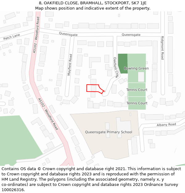 8, OAKFIELD CLOSE, BRAMHALL, STOCKPORT, SK7 1JE: Location map and indicative extent of plot