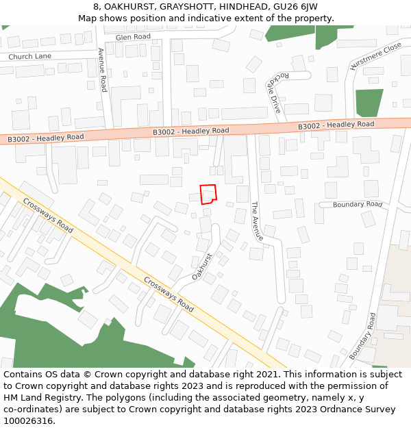 8, OAKHURST, GRAYSHOTT, HINDHEAD, GU26 6JW: Location map and indicative extent of plot