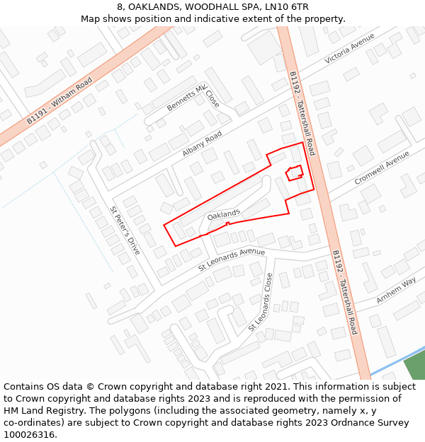 8, OAKLANDS, WOODHALL SPA, LN10 6TR: Location map and indicative extent of plot