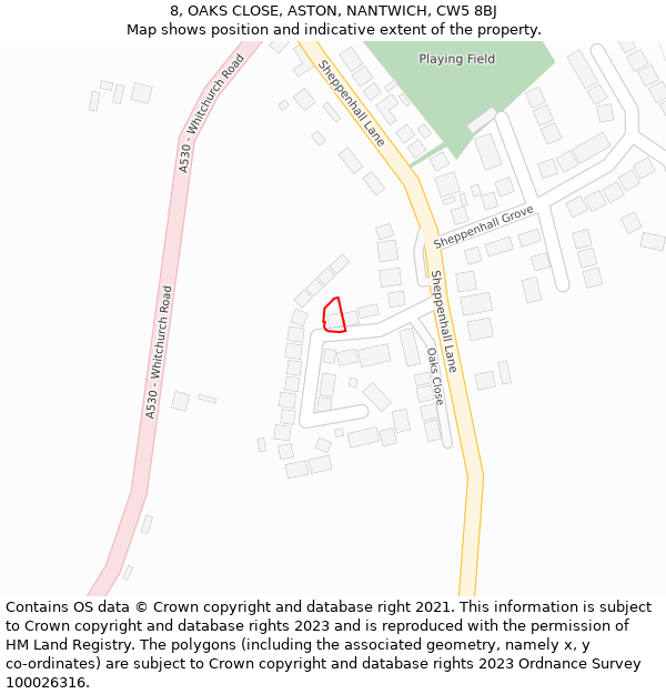 8, OAKS CLOSE, ASTON, NANTWICH, CW5 8BJ: Location map and indicative extent of plot