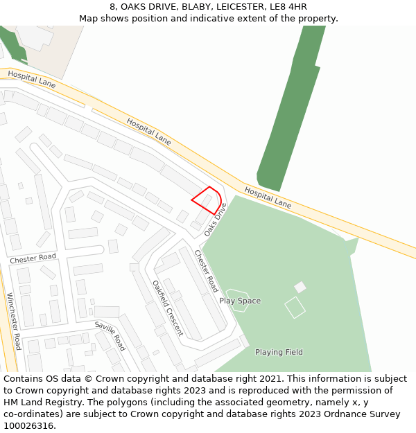 8, OAKS DRIVE, BLABY, LEICESTER, LE8 4HR: Location map and indicative extent of plot