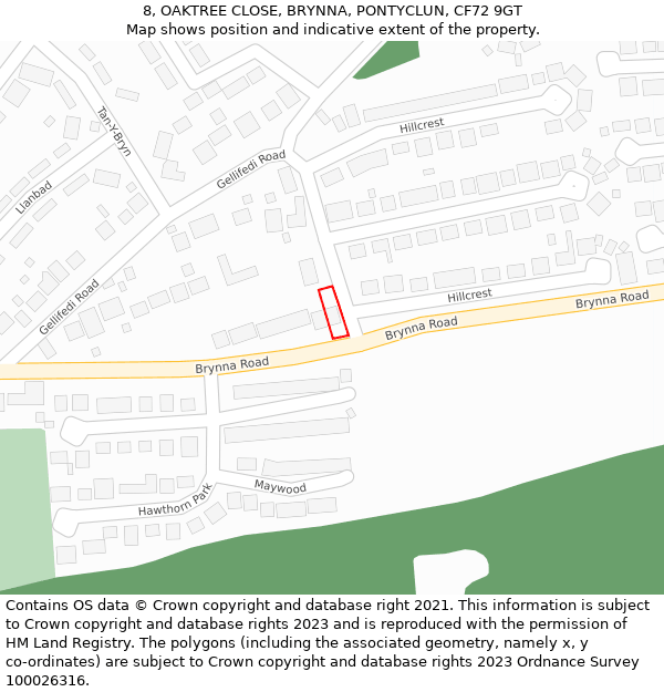 8, OAKTREE CLOSE, BRYNNA, PONTYCLUN, CF72 9GT: Location map and indicative extent of plot