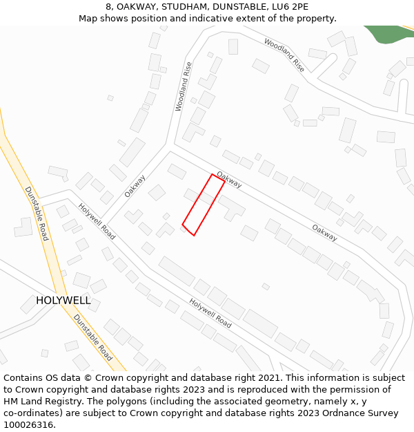 8, OAKWAY, STUDHAM, DUNSTABLE, LU6 2PE: Location map and indicative extent of plot