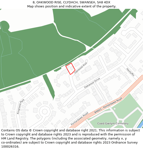 8, OAKWOOD RISE, CLYDACH, SWANSEA, SA8 4DX: Location map and indicative extent of plot