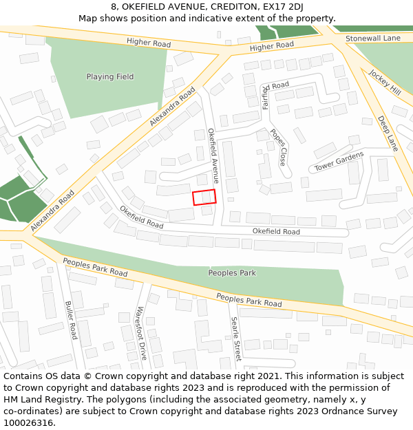 8, OKEFIELD AVENUE, CREDITON, EX17 2DJ: Location map and indicative extent of plot