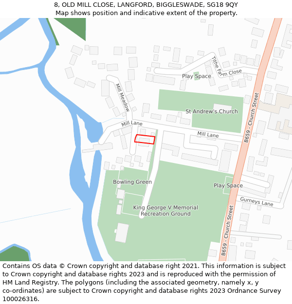 8, OLD MILL CLOSE, LANGFORD, BIGGLESWADE, SG18 9QY: Location map and indicative extent of plot