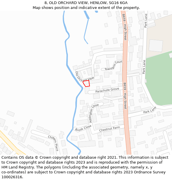 8, OLD ORCHARD VIEW, HENLOW, SG16 6GA: Location map and indicative extent of plot