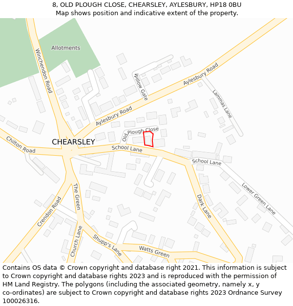 8, OLD PLOUGH CLOSE, CHEARSLEY, AYLESBURY, HP18 0BU: Location map and indicative extent of plot