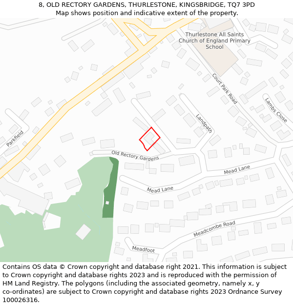 8, OLD RECTORY GARDENS, THURLESTONE, KINGSBRIDGE, TQ7 3PD: Location map and indicative extent of plot