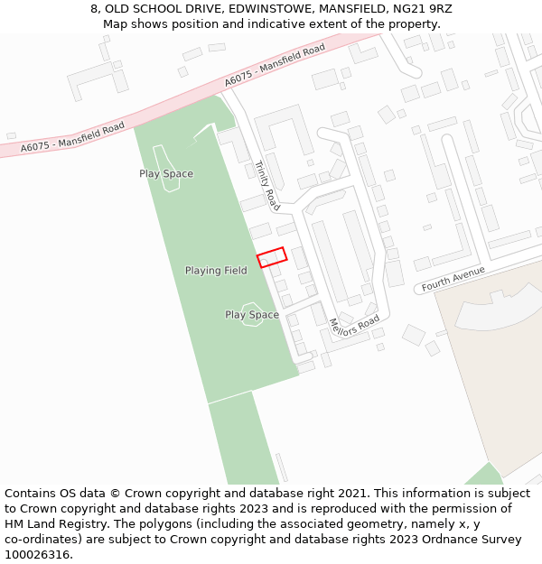 8, OLD SCHOOL DRIVE, EDWINSTOWE, MANSFIELD, NG21 9RZ: Location map and indicative extent of plot