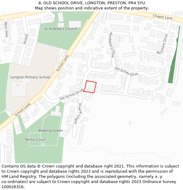 8, OLD SCHOOL DRIVE, LONGTON, PRESTON, PR4 5YU: Location map and indicative extent of plot