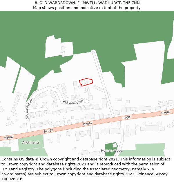 8, OLD WARDSDOWN, FLIMWELL, WADHURST, TN5 7NN: Location map and indicative extent of plot