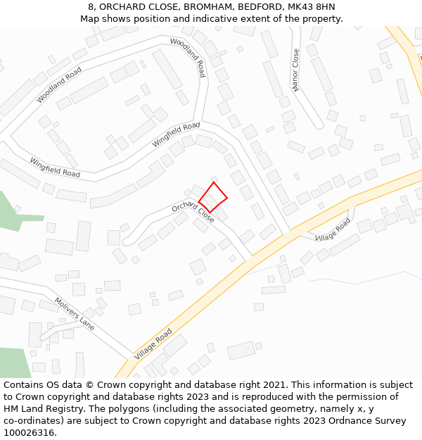 8, ORCHARD CLOSE, BROMHAM, BEDFORD, MK43 8HN: Location map and indicative extent of plot