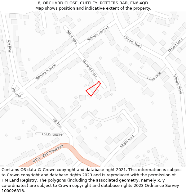 8, ORCHARD CLOSE, CUFFLEY, POTTERS BAR, EN6 4QD: Location map and indicative extent of plot