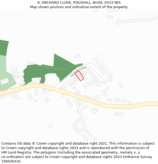 8, ORCHARD CLOSE, POUGHILL, BUDE, EX23 9ES: Location map and indicative extent of plot