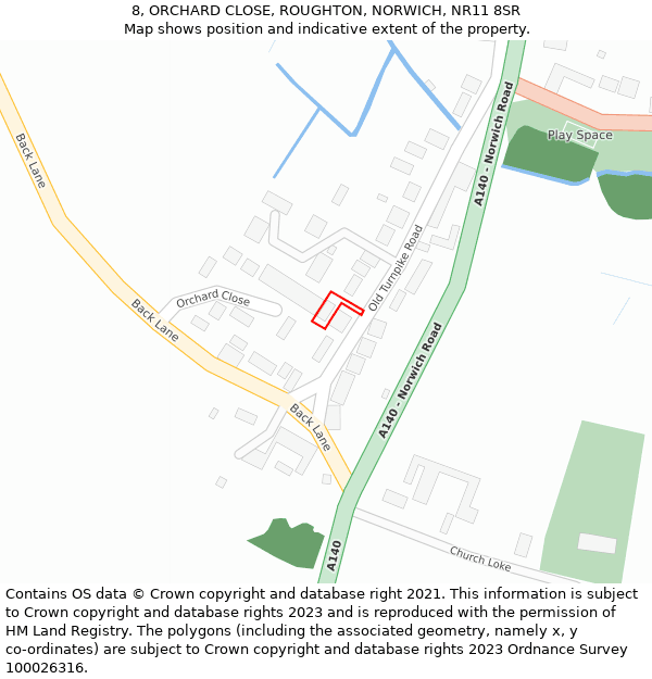 8, ORCHARD CLOSE, ROUGHTON, NORWICH, NR11 8SR: Location map and indicative extent of plot