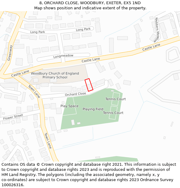 8, ORCHARD CLOSE, WOODBURY, EXETER, EX5 1ND: Location map and indicative extent of plot