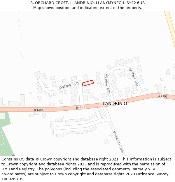 8, ORCHARD CROFT, LLANDRINIO, LLANYMYNECH, SY22 6US: Location map and indicative extent of plot