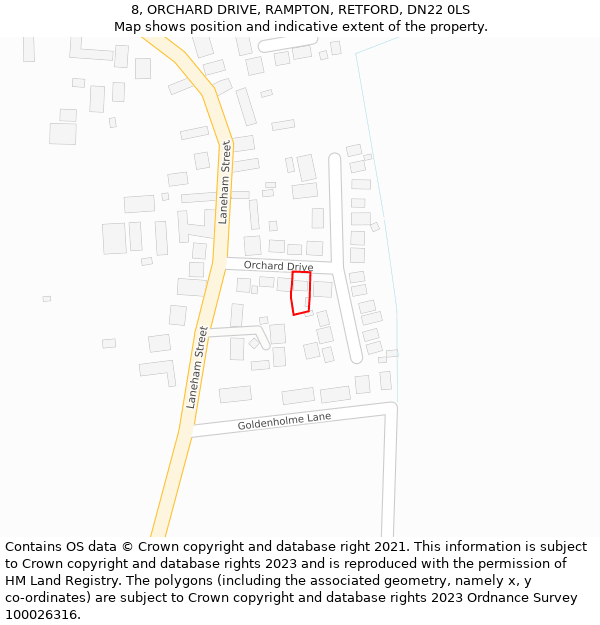 8, ORCHARD DRIVE, RAMPTON, RETFORD, DN22 0LS: Location map and indicative extent of plot