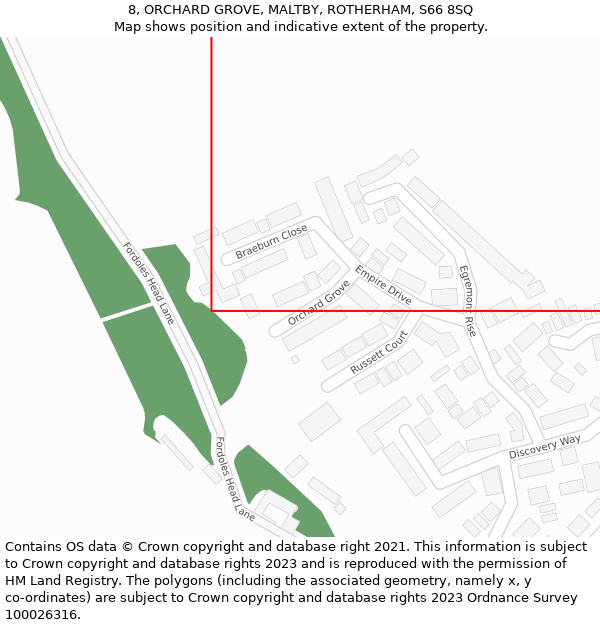 8, ORCHARD GROVE, MALTBY, ROTHERHAM, S66 8SQ: Location map and indicative extent of plot