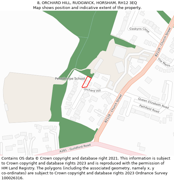 8, ORCHARD HILL, RUDGWICK, HORSHAM, RH12 3EQ: Location map and indicative extent of plot
