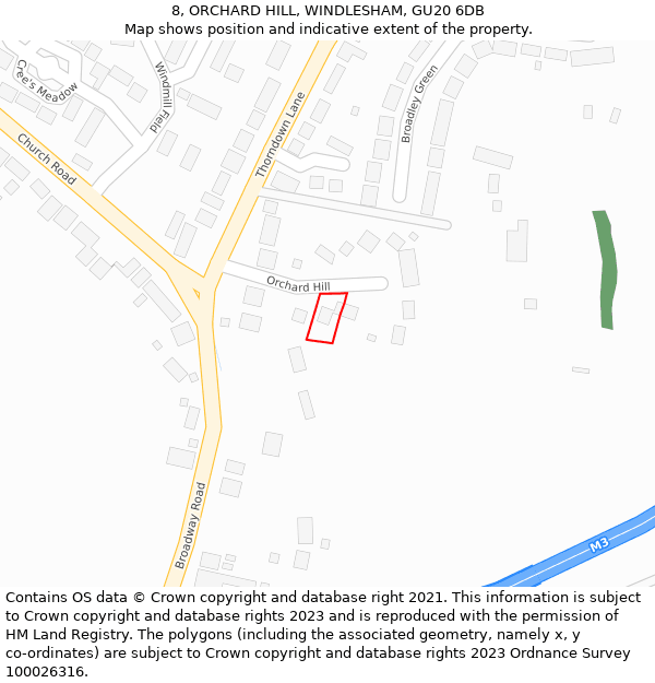 8, ORCHARD HILL, WINDLESHAM, GU20 6DB: Location map and indicative extent of plot