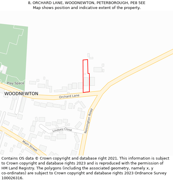 8, ORCHARD LANE, WOODNEWTON, PETERBOROUGH, PE8 5EE: Location map and indicative extent of plot