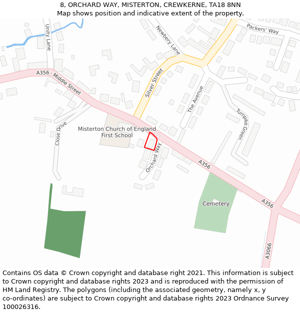 8, ORCHARD WAY, MISTERTON, CREWKERNE, TA18 8NN: Location map and indicative extent of plot