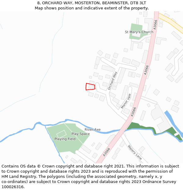 8, ORCHARD WAY, MOSTERTON, BEAMINSTER, DT8 3LT: Location map and indicative extent of plot