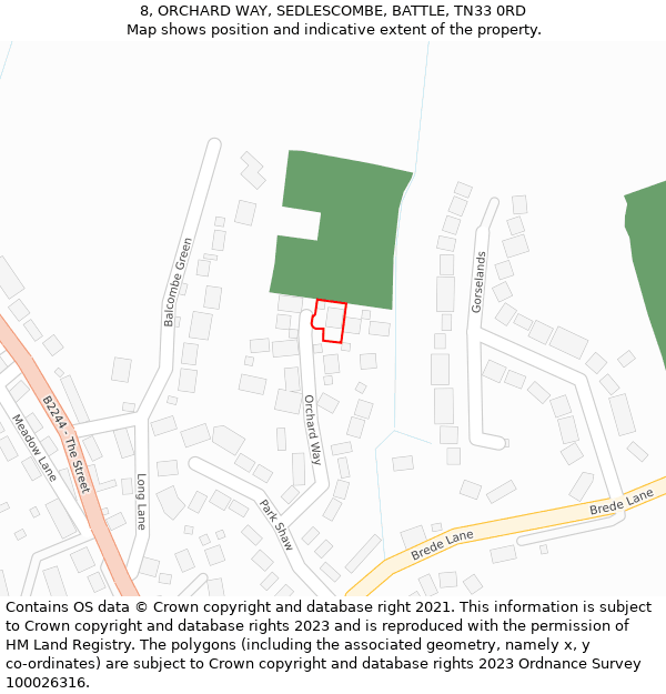 8, ORCHARD WAY, SEDLESCOMBE, BATTLE, TN33 0RD: Location map and indicative extent of plot