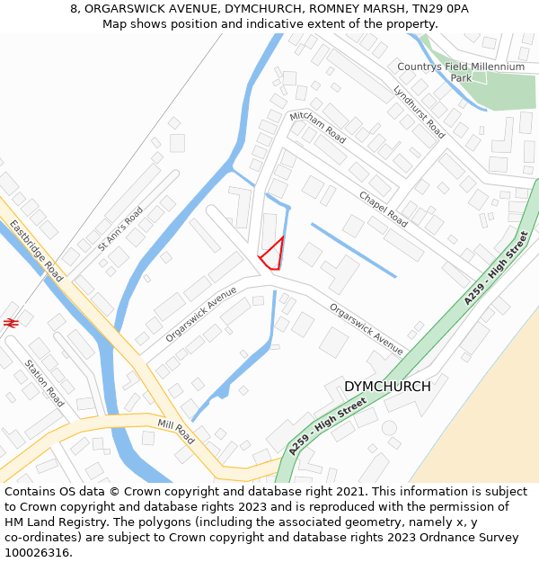 8, ORGARSWICK AVENUE, DYMCHURCH, ROMNEY MARSH, TN29 0PA: Location map and indicative extent of plot