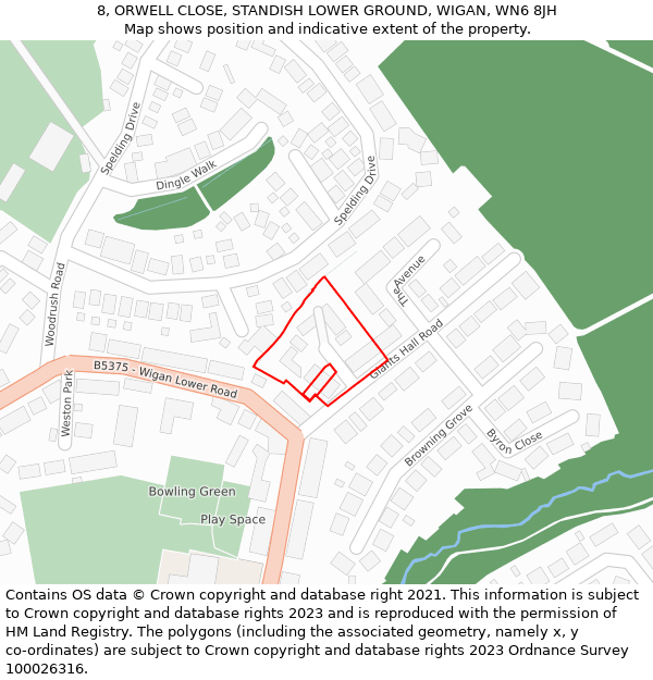 8, ORWELL CLOSE, STANDISH LOWER GROUND, WIGAN, WN6 8JH: Location map and indicative extent of plot