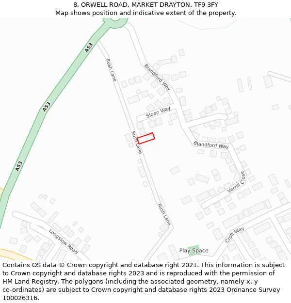 8, ORWELL ROAD, MARKET DRAYTON, TF9 3FY: Location map and indicative extent of plot