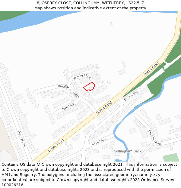 8, OSPREY CLOSE, COLLINGHAM, WETHERBY, LS22 5LZ: Location map and indicative extent of plot