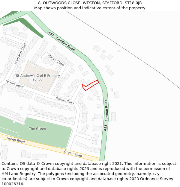 8, OUTWOODS CLOSE, WESTON, STAFFORD, ST18 0JR: Location map and indicative extent of plot