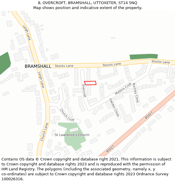 8, OVERCROFT, BRAMSHALL, UTTOXETER, ST14 5NQ: Location map and indicative extent of plot