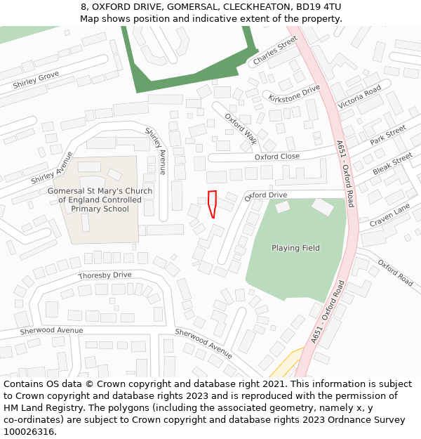 8, OXFORD DRIVE, GOMERSAL, CLECKHEATON, BD19 4TU: Location map and indicative extent of plot