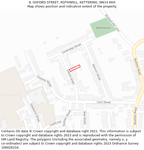 8, OXFORD STREET, ROTHWELL, KETTERING, NN14 6HA: Location map and indicative extent of plot