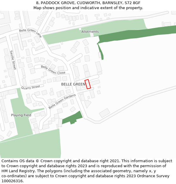 8, PADDOCK GROVE, CUDWORTH, BARNSLEY, S72 8GF: Location map and indicative extent of plot