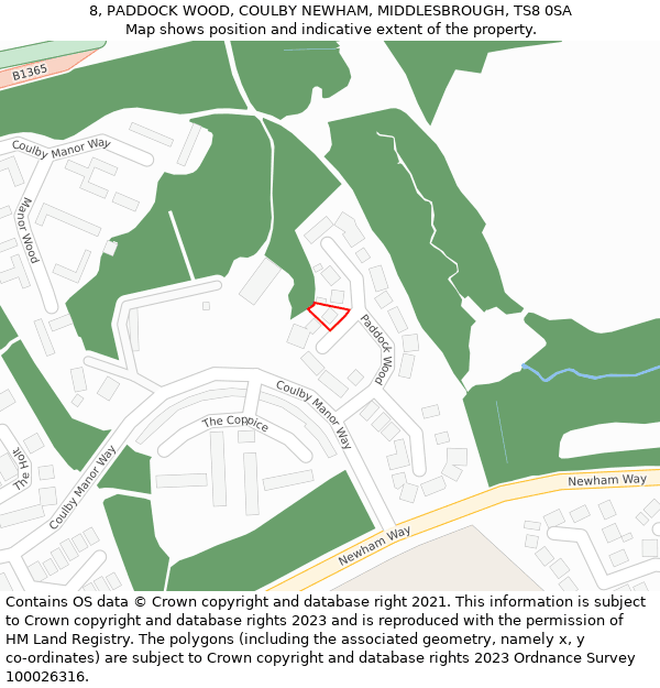 8, PADDOCK WOOD, COULBY NEWHAM, MIDDLESBROUGH, TS8 0SA: Location map and indicative extent of plot
