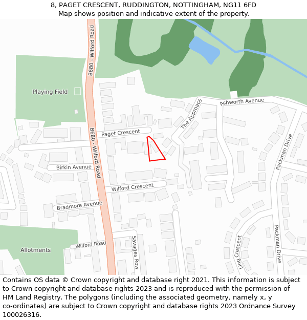 8, PAGET CRESCENT, RUDDINGTON, NOTTINGHAM, NG11 6FD: Location map and indicative extent of plot