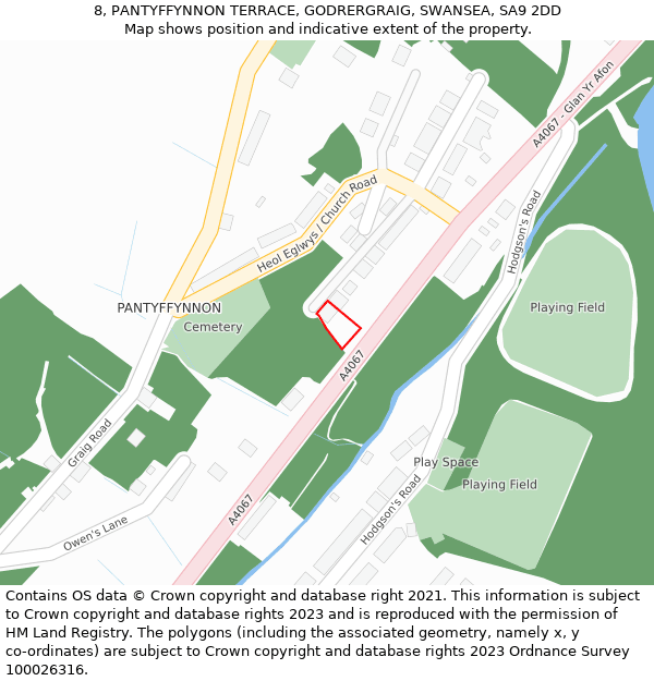 8, PANTYFFYNNON TERRACE, GODRERGRAIG, SWANSEA, SA9 2DD: Location map and indicative extent of plot