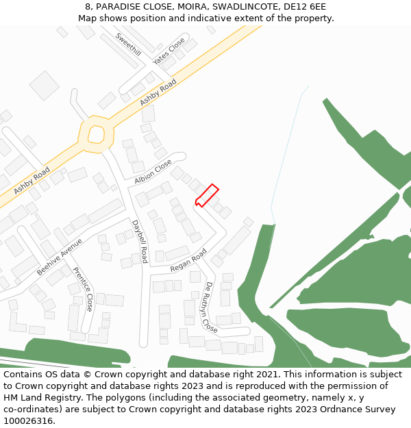 8, PARADISE CLOSE, MOIRA, SWADLINCOTE, DE12 6EE: Location map and indicative extent of plot